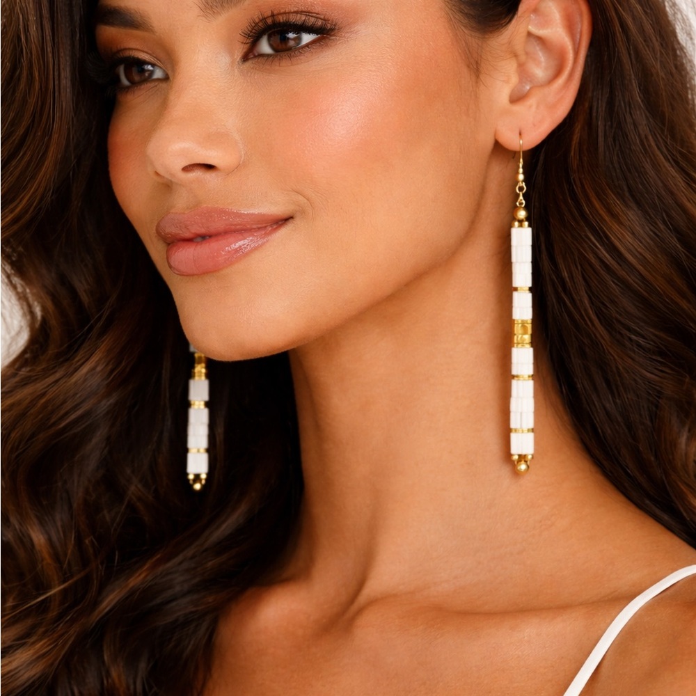 Hand Crafted Gold and White Long Bar Earrings